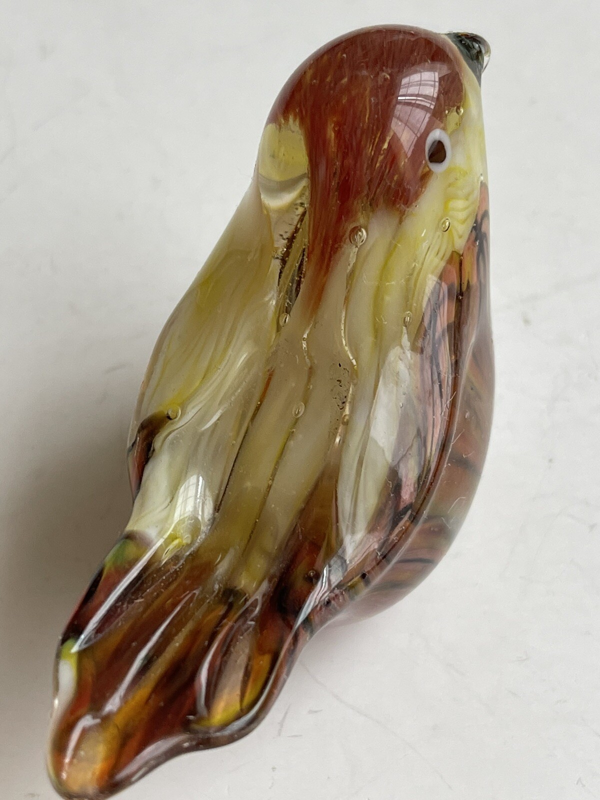Murano Style Art Glass Robin Bird Figurine Paperweight Brown White Yellow