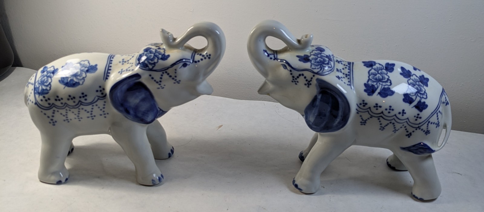 Pair of Blue and White Porcelain Elephant Figurines Trunk Up Good Luck