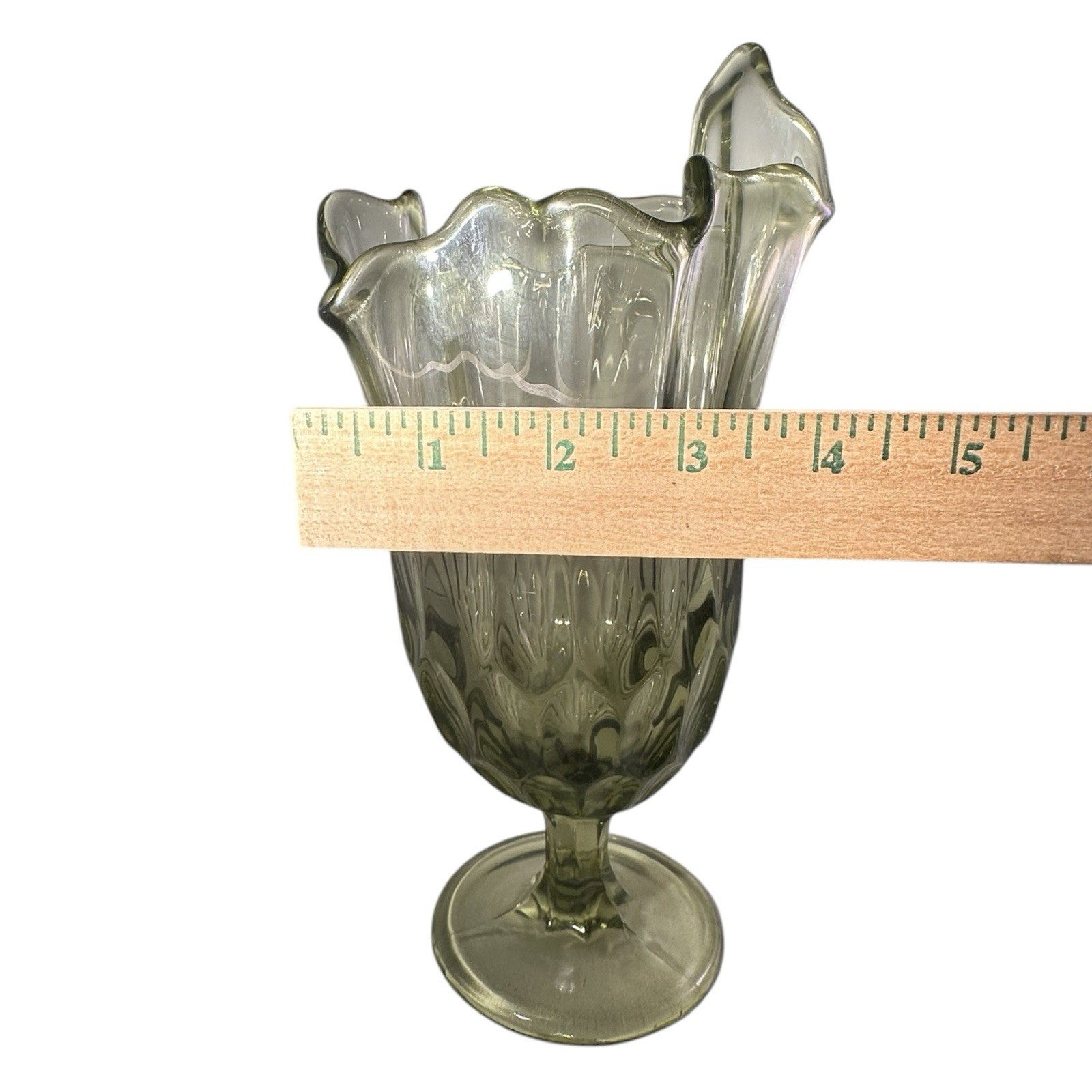 Vintage Fenton Colonial Green Thumbprint Handkerchief Glass Vase 9.5” Tall