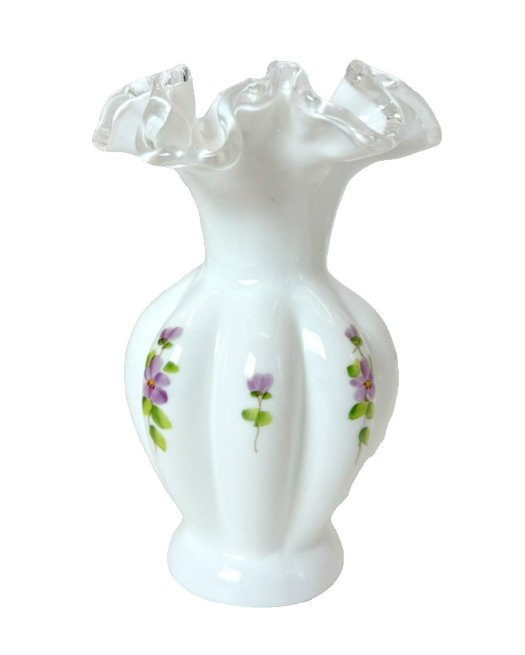 Fenton Silver Crest Ruffled Hand Painted Violets in the Snow 6″ Vase