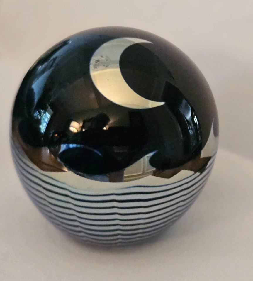 1986 Correia Crescent Moon & Ocean Waves Metallic Art Glass Paperweight