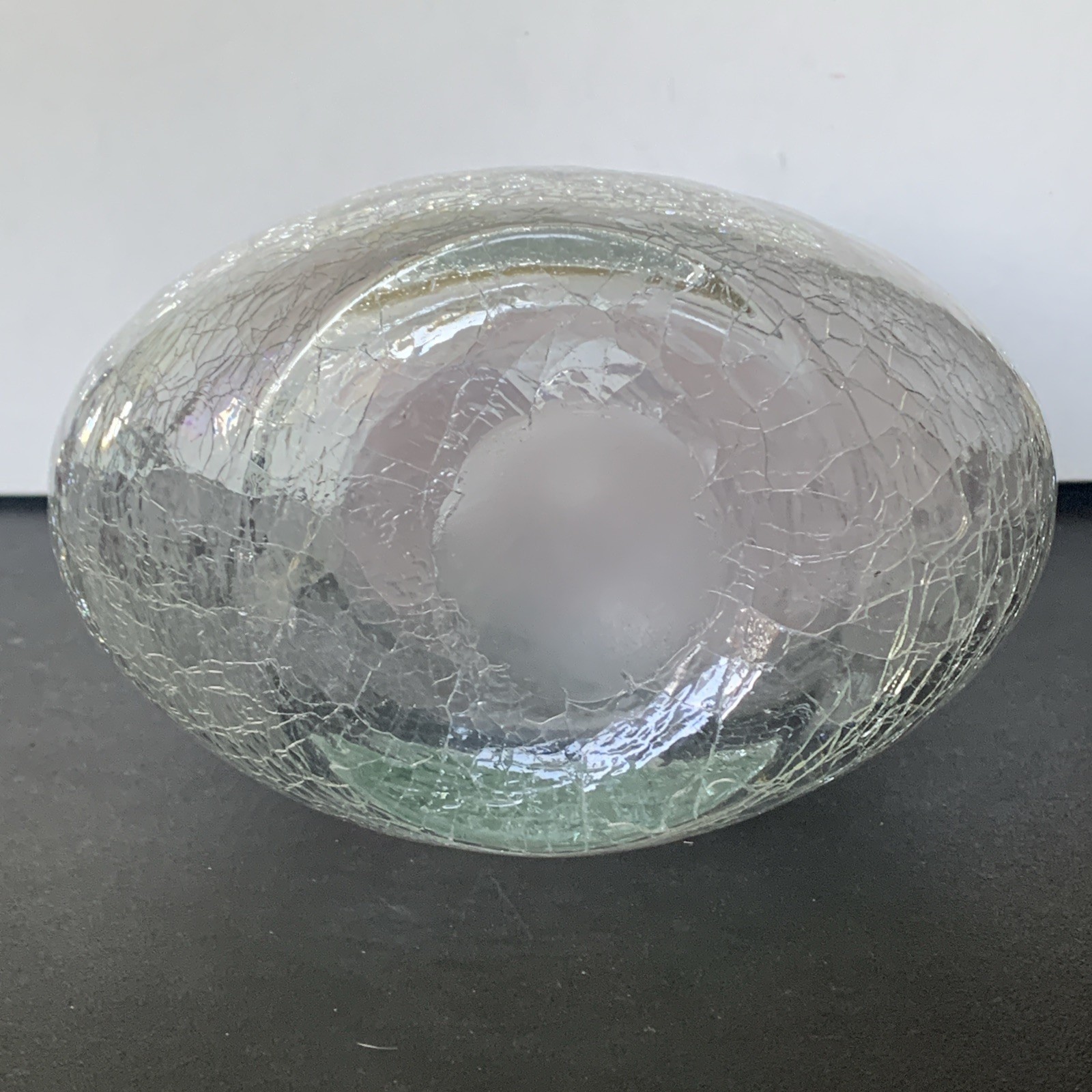 Hand-Blown Art Glass Vase Crackled Glass Pink Green W/Black Band Collectible