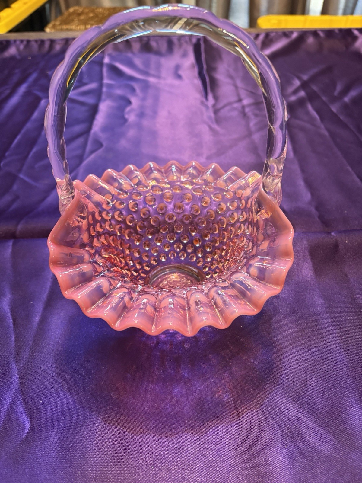 Vintage Fenton Cranberry Opalescent Hobnail Basket Ruffled Crimped Edge Handle