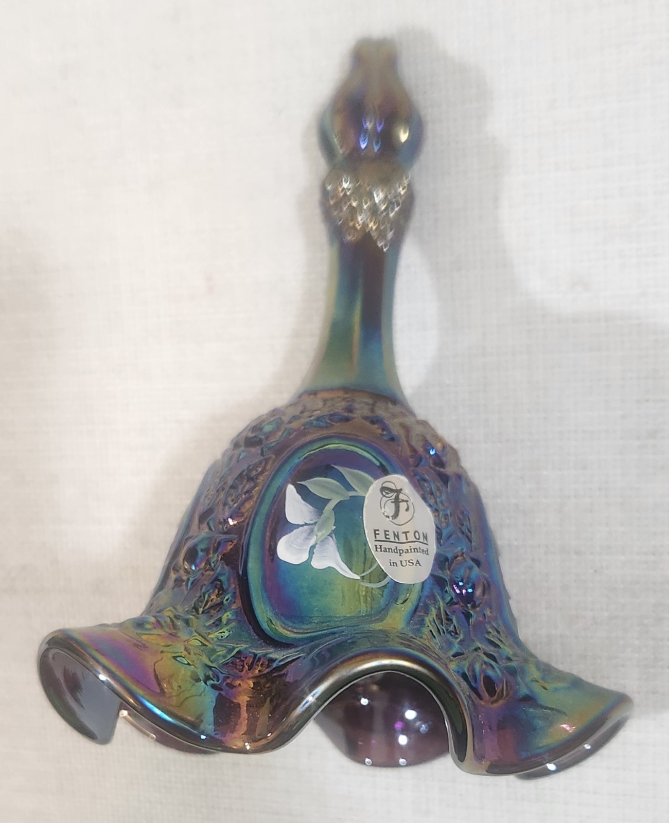 Fenton Violet Carnival Glass Bell with Hand-Painted Panels Signed