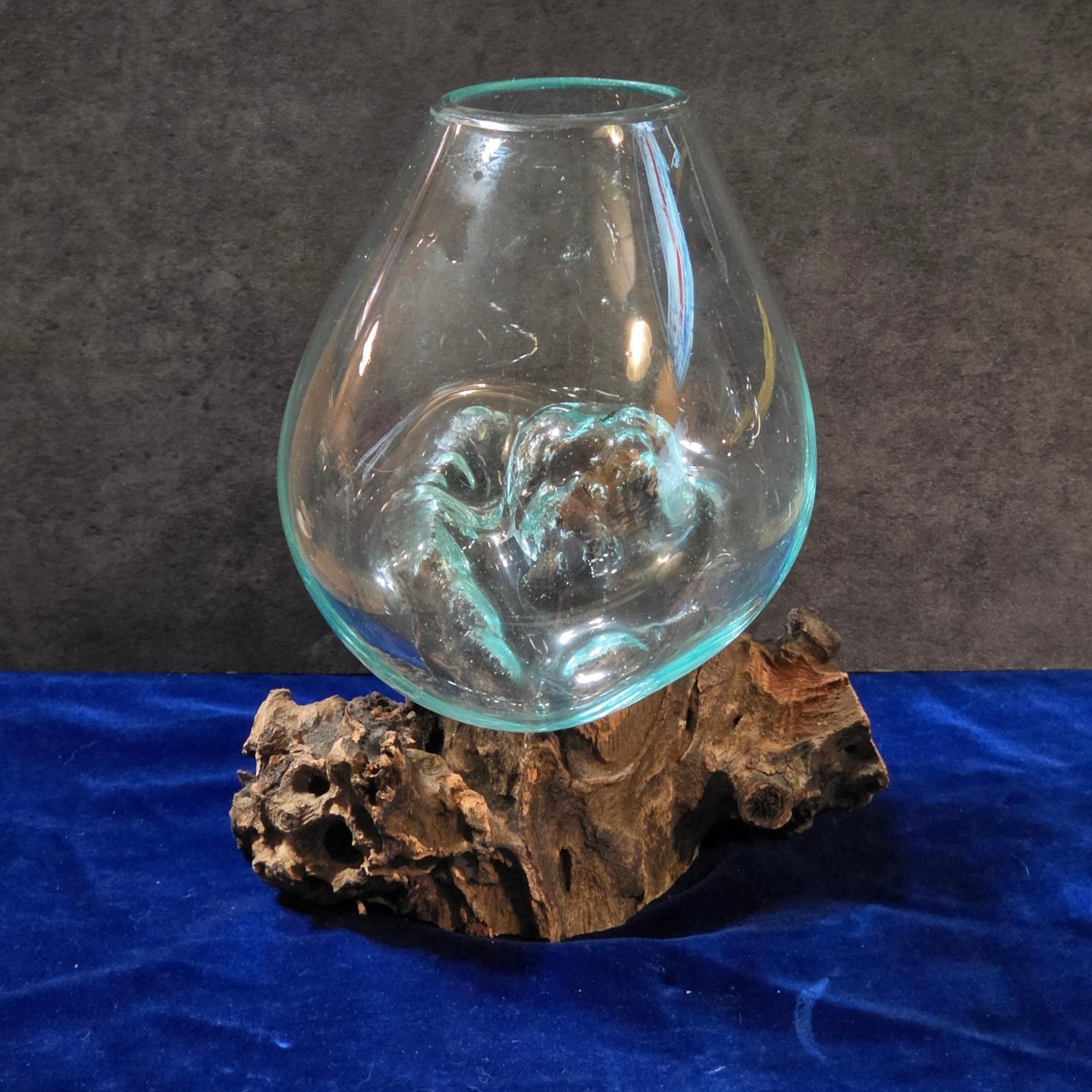 Hand Blown Molten Glass on Wood Root Base Vase 7.25″ Terrarium Planter Bali OOAK