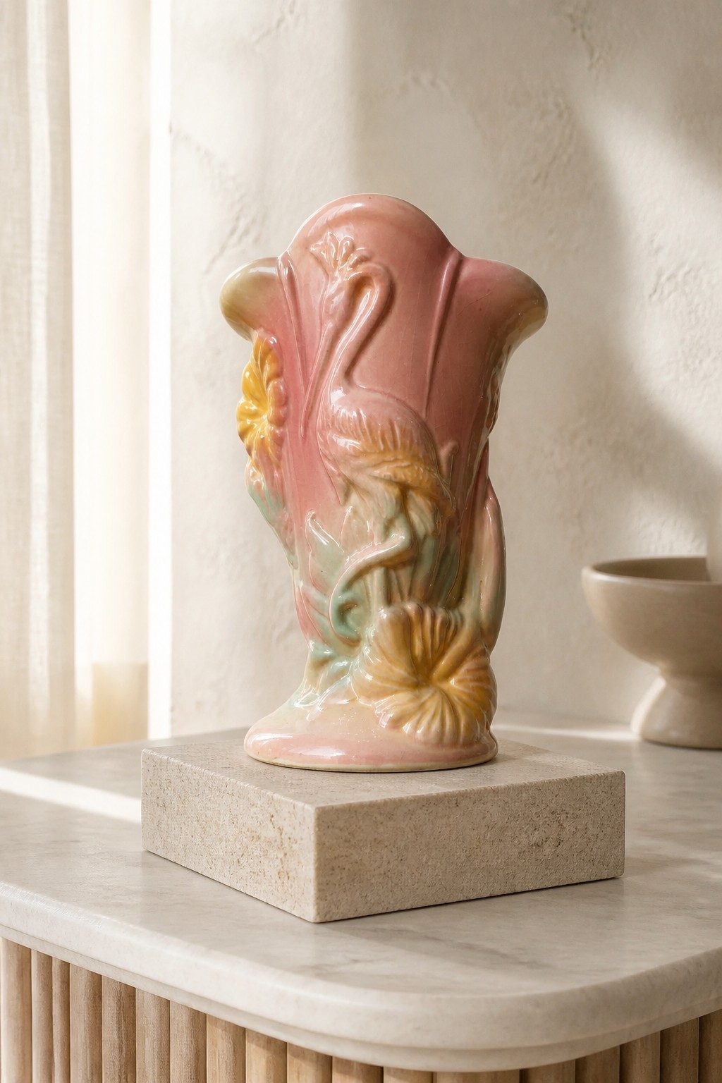 Vintage Hull Art Pottery Sun-Glo Flamingo Heron Vase 85 Hibiscus 1949 PRISTINE