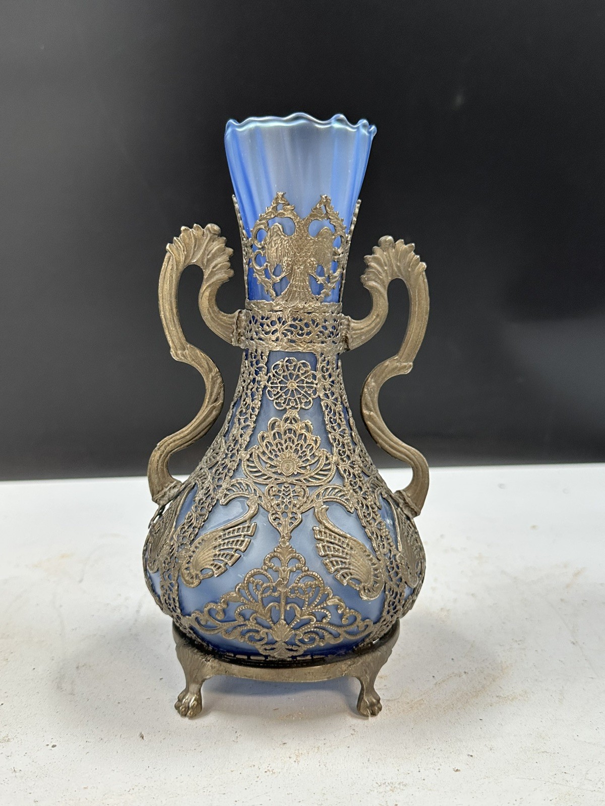 Blue Frosted Glass Vintage Greek or Russian Amphora Vase Nickel Silver Overlay