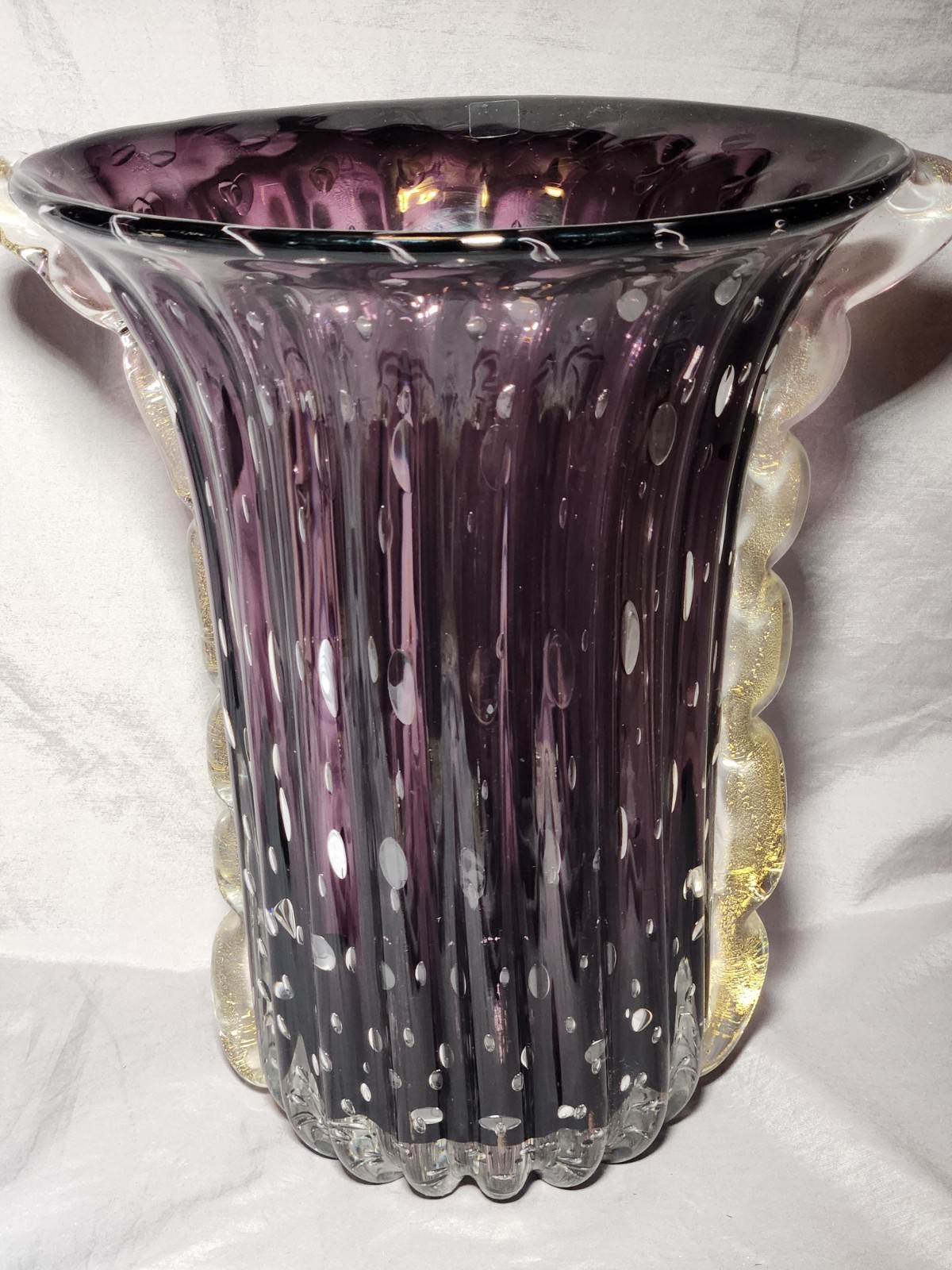 Beautiful 14 Inch S. Toso Murano Art Glass Vase Purple Glass w 24k Gold Flecks