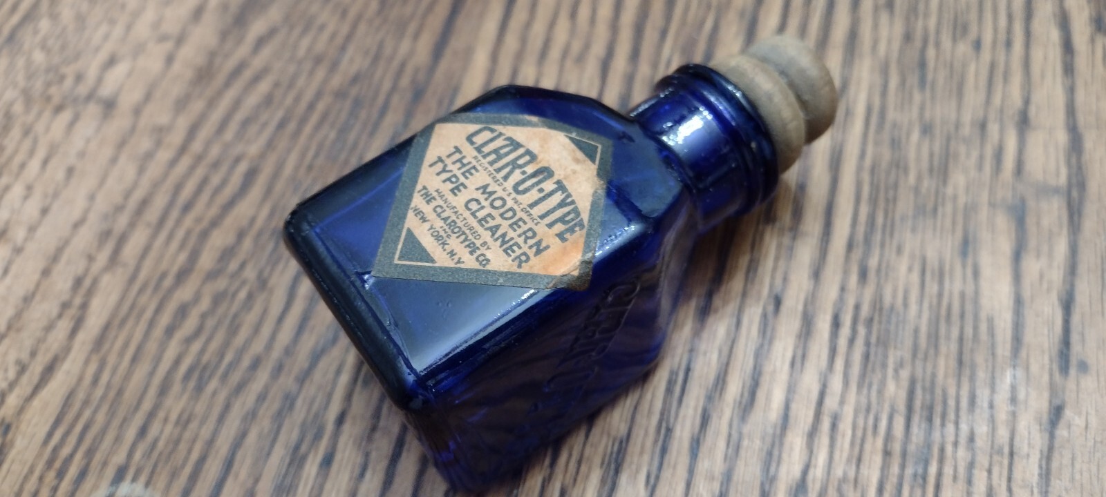 Antique Clar-O-Type Cobalt Blue Bottle – Wooden Stopper – Typewriter Cleaner