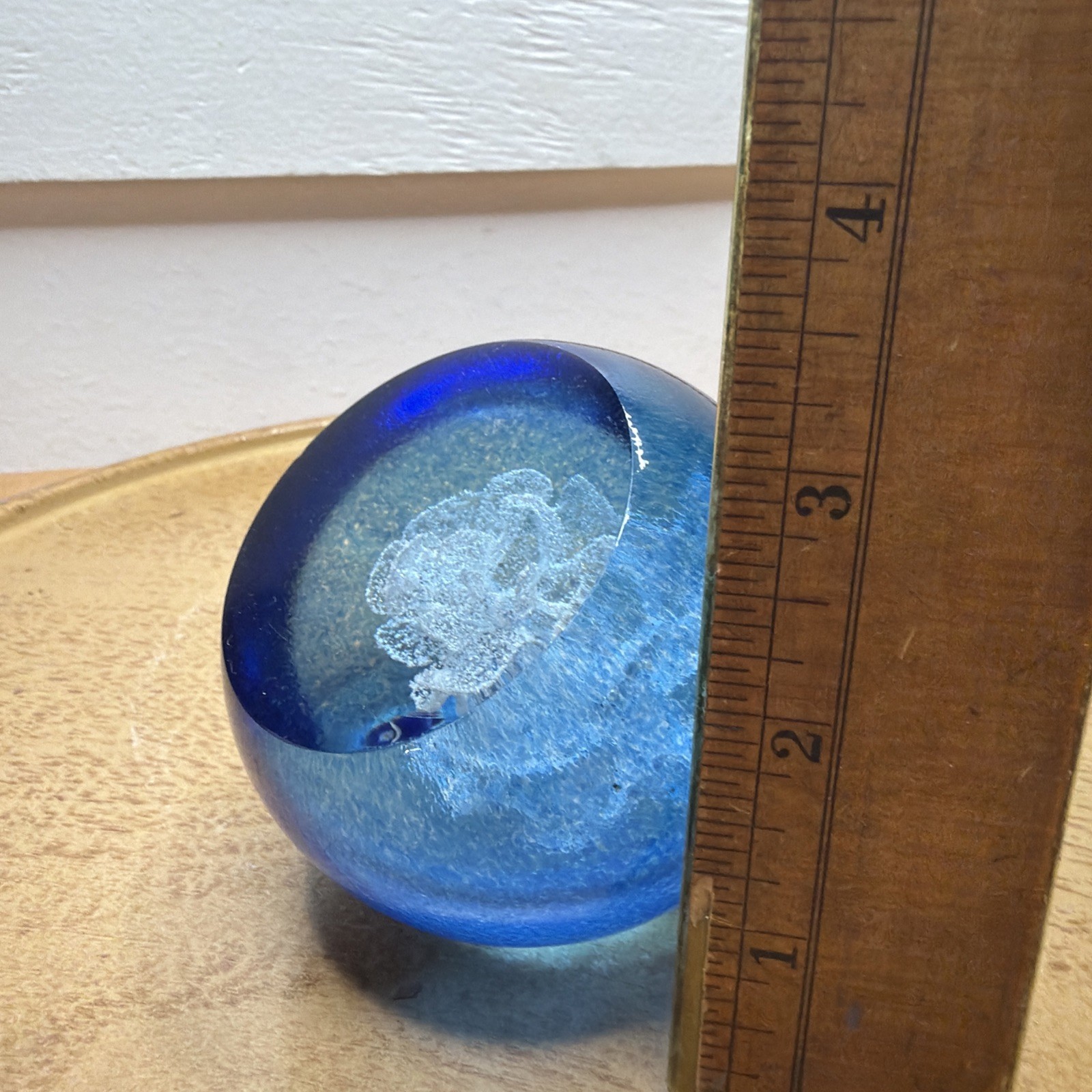 Selkirk Paperweight Bubble Blue & White Ice Flower Vintage Art Glass Signed