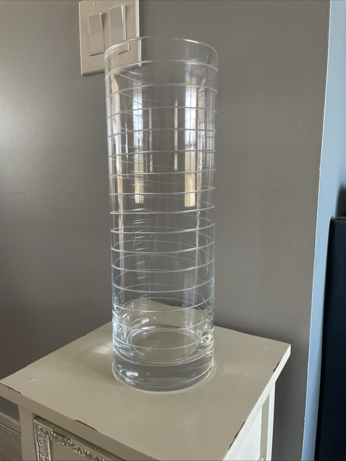 Clear, Etched Swirl Pattern Round Cylinder Tall Vase 13-3/4” Inches Tall