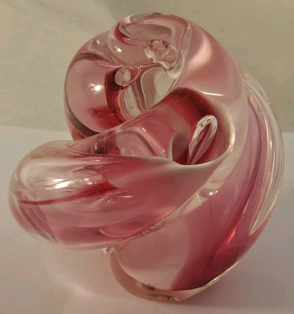Pink Purple Clear Art Glass Paperweight Nautilus Shell Swirl 3 1/4” Signed