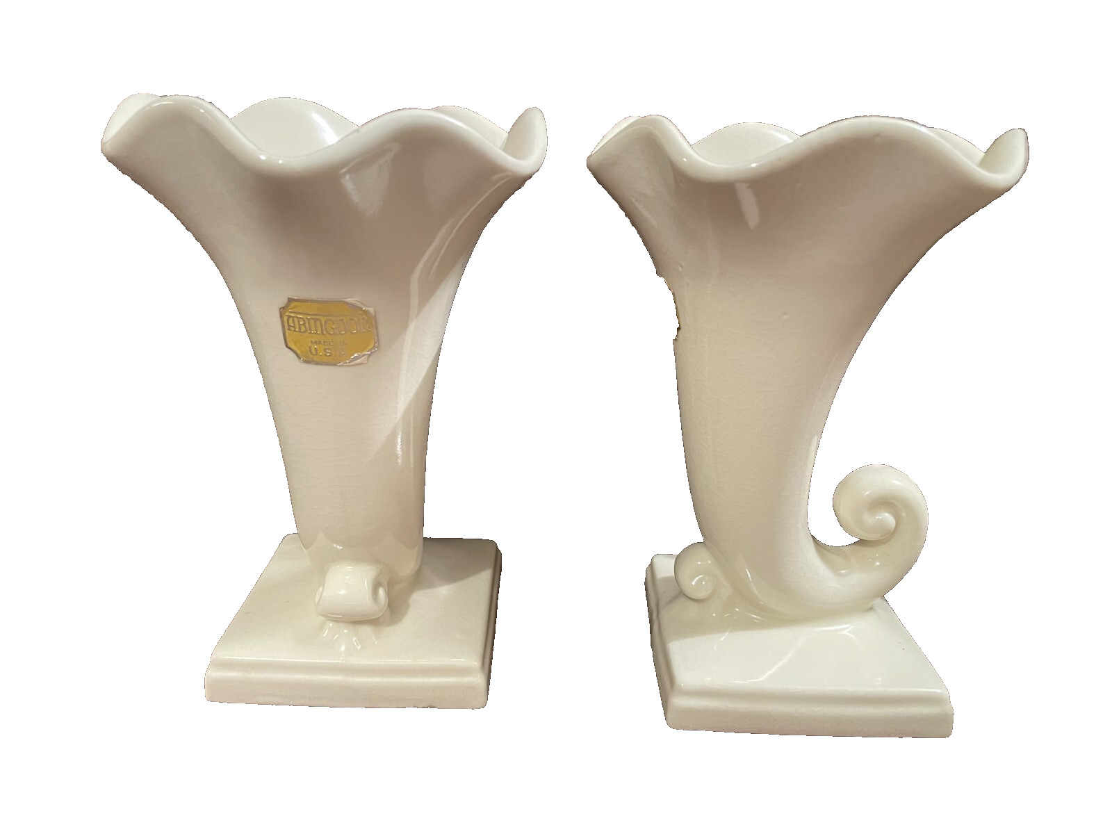 Vintage Abingdon Pair White Cornucopia 7” Vases USA New Old Stock Mint Condition