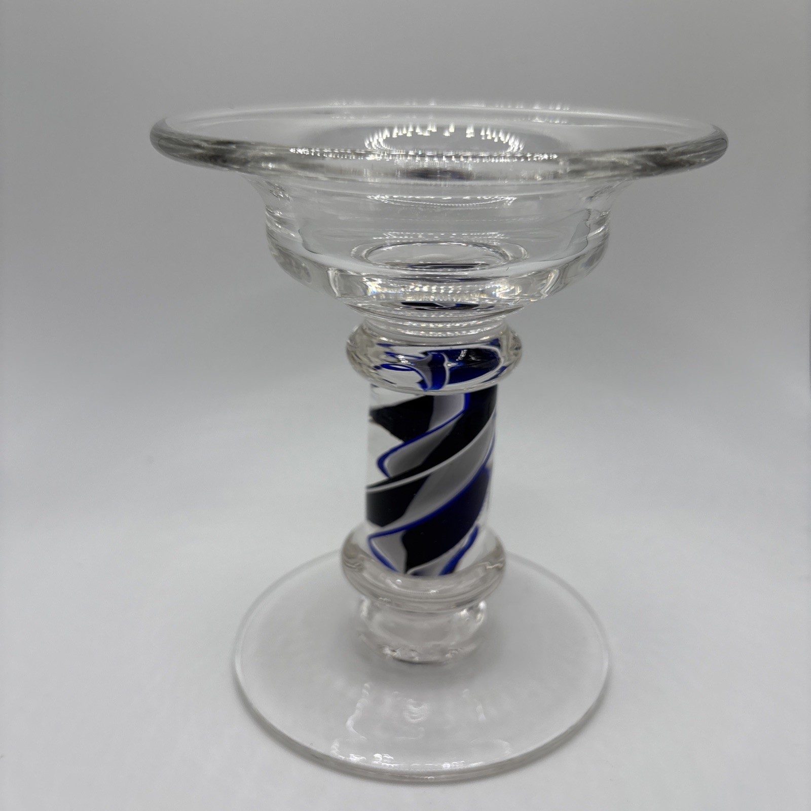 Hand Blown Glass Blue And White Swirl Candle Holder See Description
