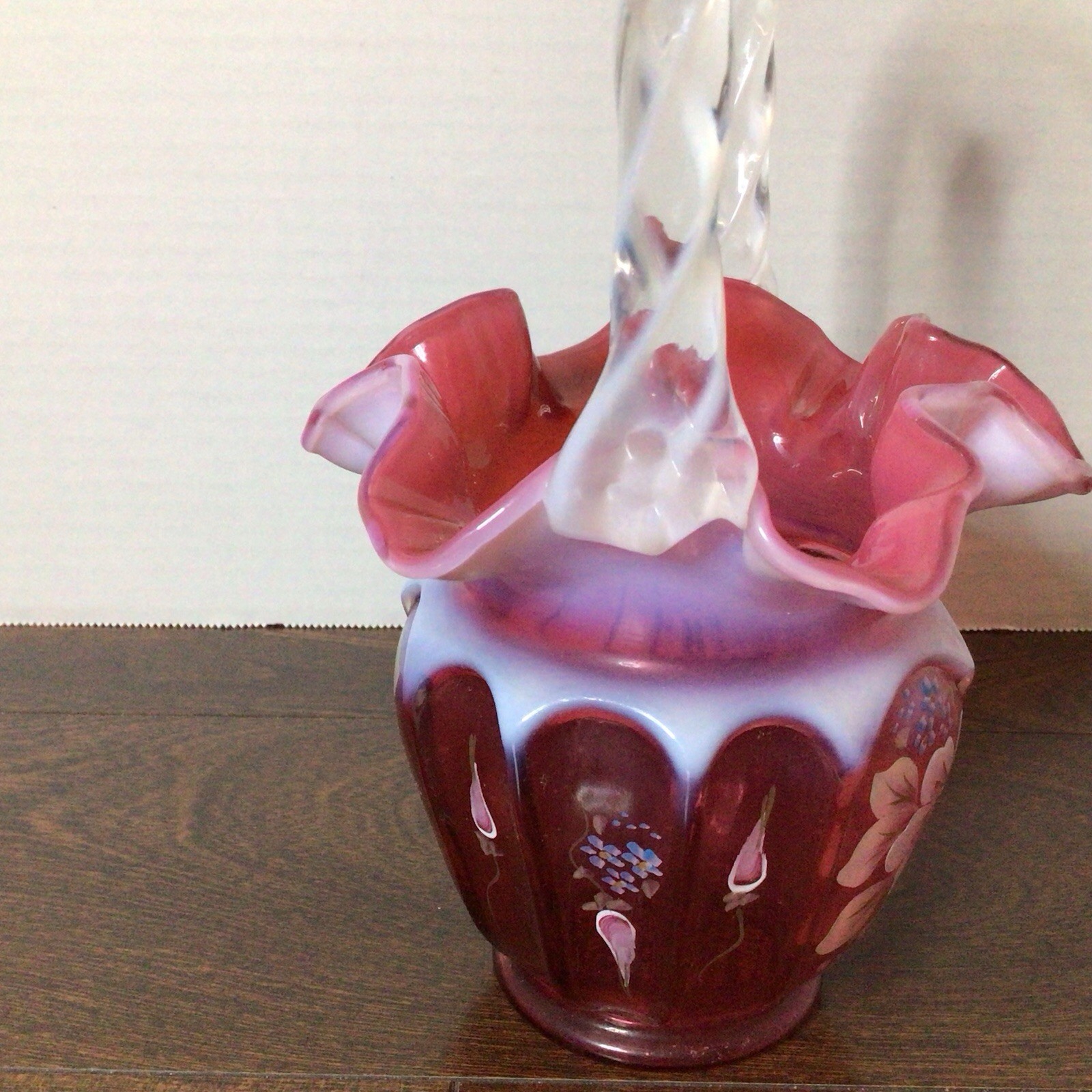 Fenton Cranberry Opalescent Glass Open-Heart Arches Basket Signed Diane Gersel