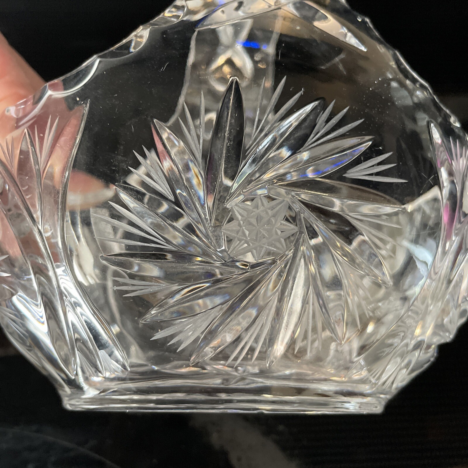 Crystal Candy Dish ACC Deep Cut Handled Bridal Basket Fan Star Cuts LG 6” X 4”