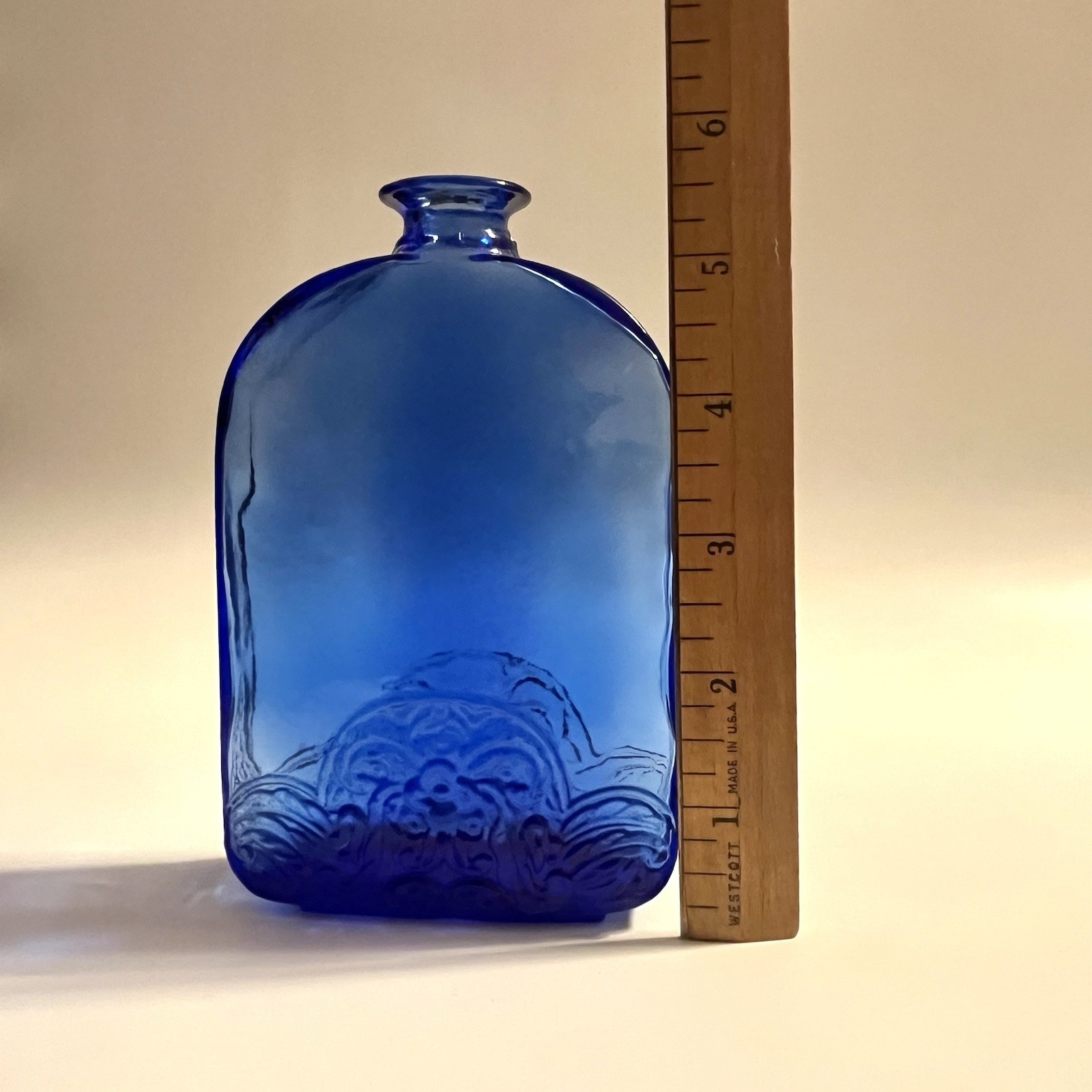 Vidrios de Levante Floral Embossed Cobalt Blue Recycled Glass Bottle SPAIN 5.5”H