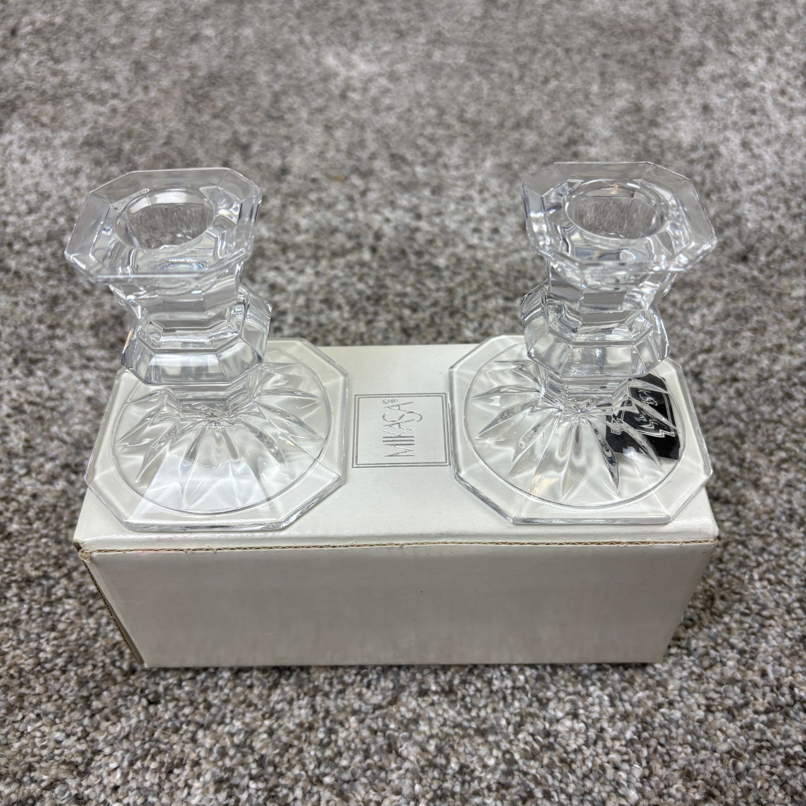 Mikasa Edinburgh Crystal Candle Holder Pair 2 1/4 Hexagonal Glass Taper Slovenia