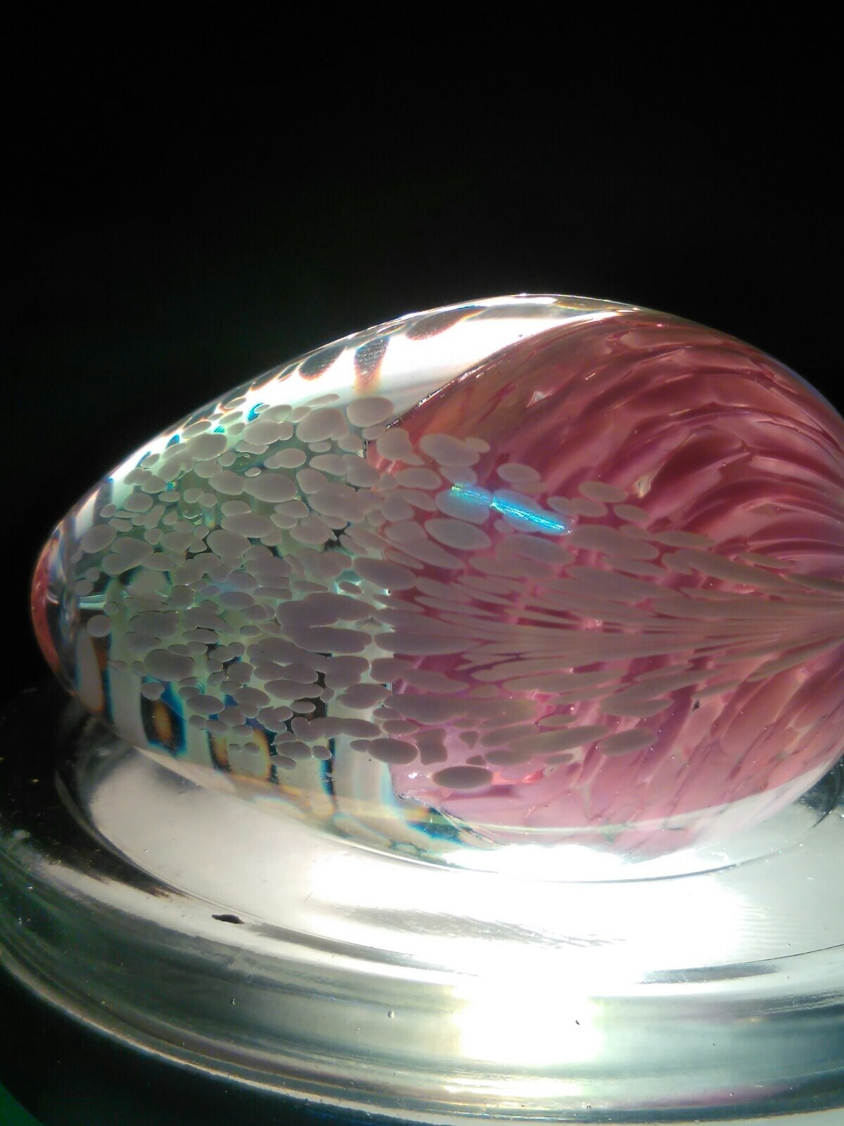 ART GLASS EGG PAPERWEIGHT PINK, WHITE, AND CLEAR