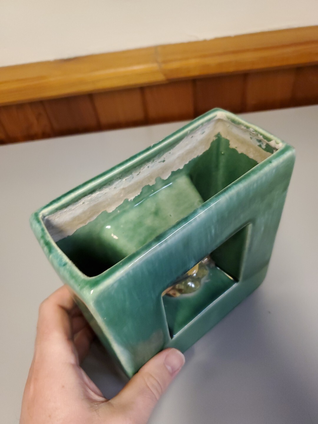 RARE 1950’s McCoy Double Shadow Box Square Green Vase with Yellow Bird