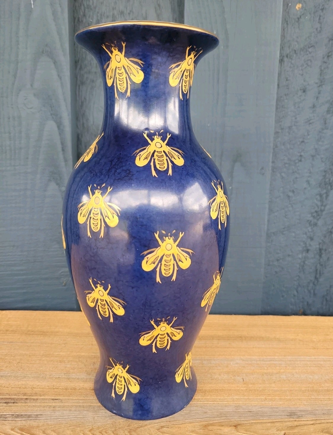 Andrea By Sadek Cobalt Blue decorative Vase w Painted Gold Bees 10″