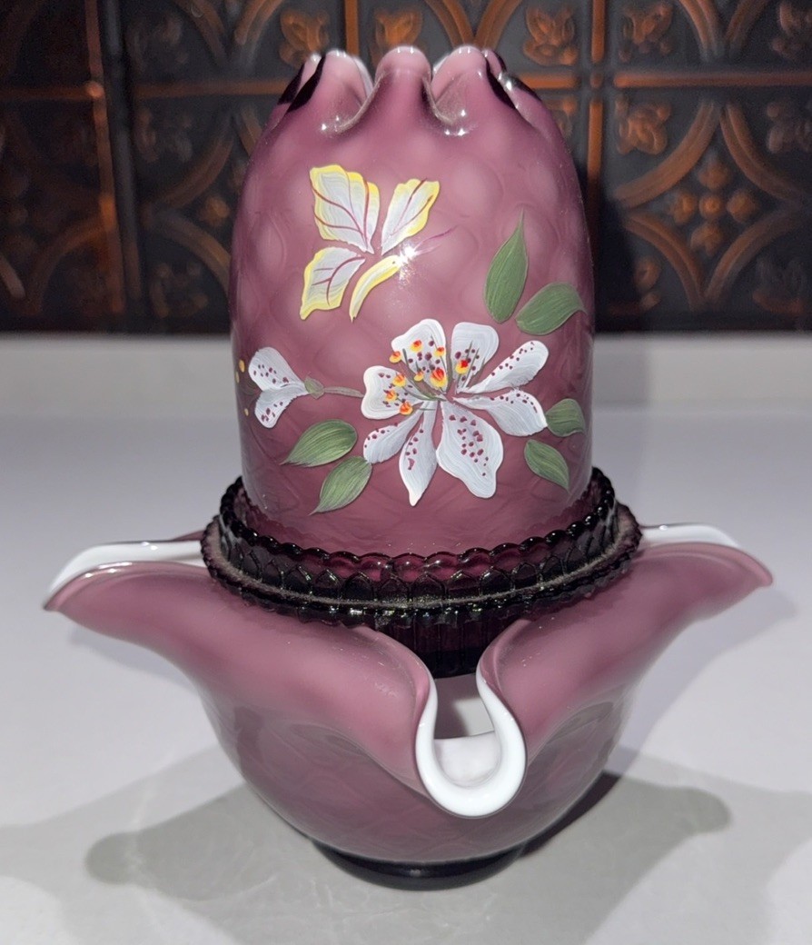 Fenton QVC “Sweetbriar” Glows Plum Purple Overlay 3pc Fairy Lamp D Barbour