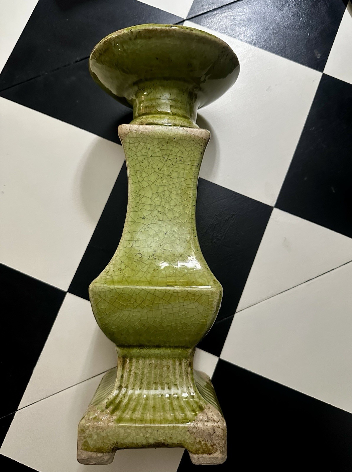 Chartreuse Chunky Green Crackle Glazed Ceramic Pillar Candle Holder 12.5″