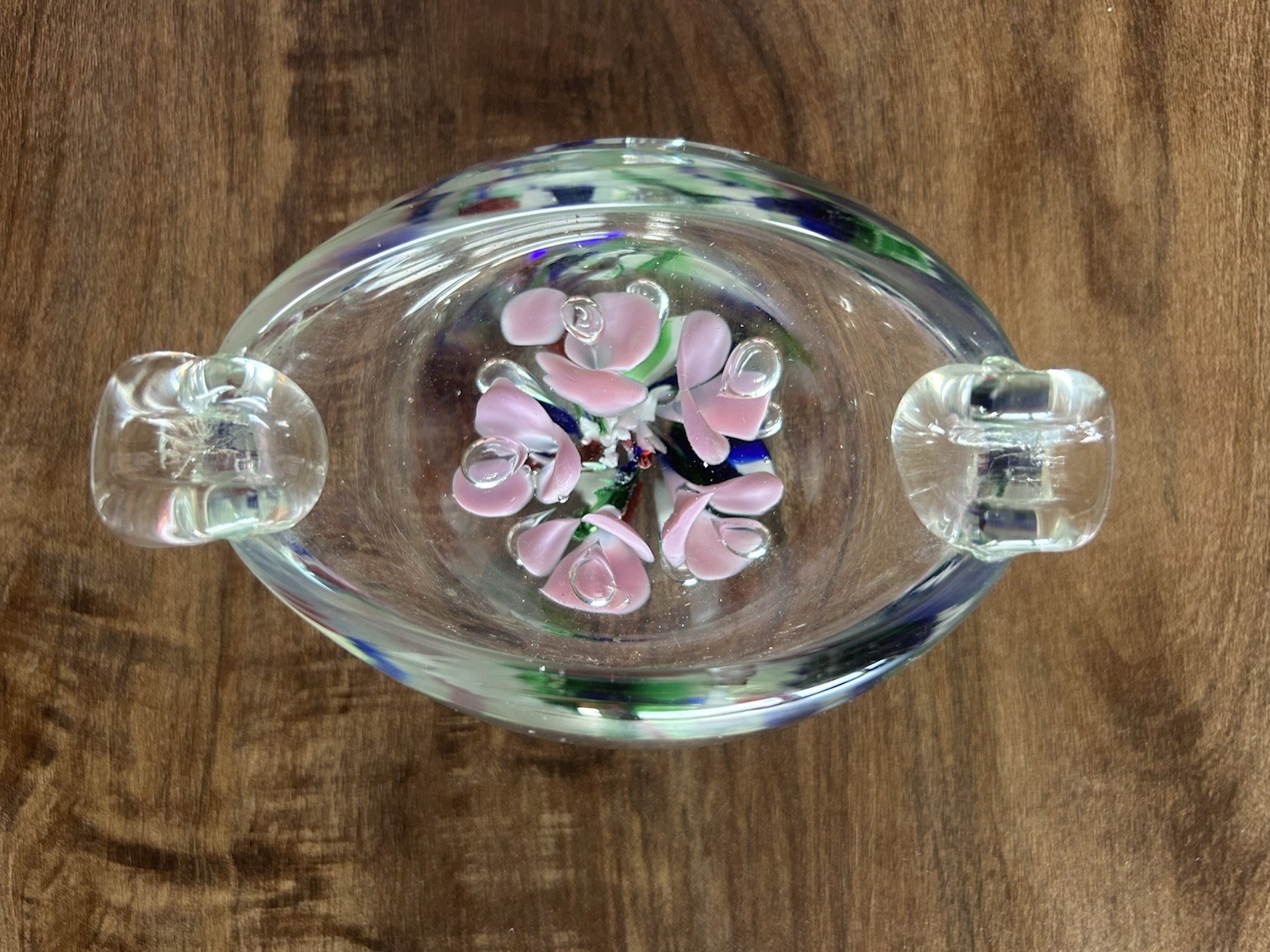 Vintage Joe St Clair? Art Deco Glass Ashtray Bubbles Pink Flowers Excellent