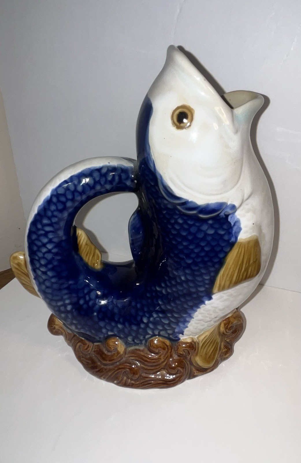 Mid Century Majolica-style Carp Koi Pitcher Or Vase Vintage Mediterranean