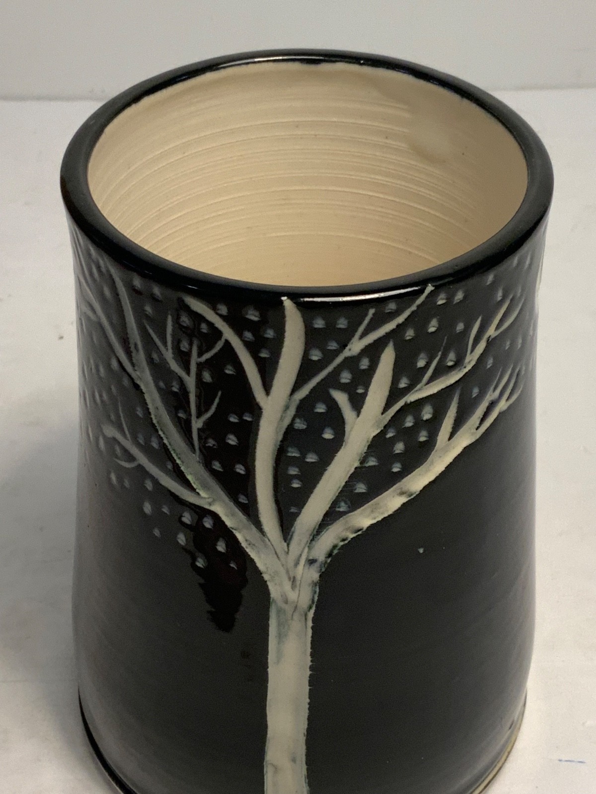 Evening Trees Rough Oval Carved Pottery Vase Signed 5.75 in.