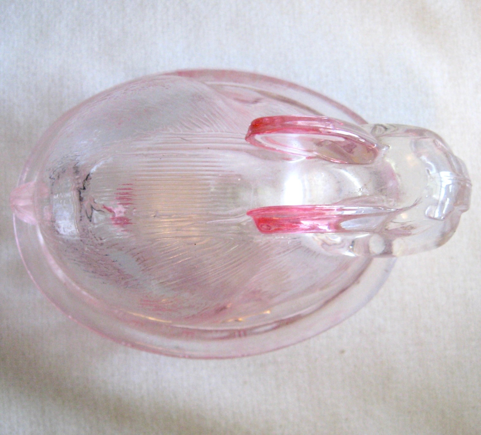 NESTING BUNNY Pink Glass Rabbit Covered Basket Trinket Dish 2 Pc Vintage