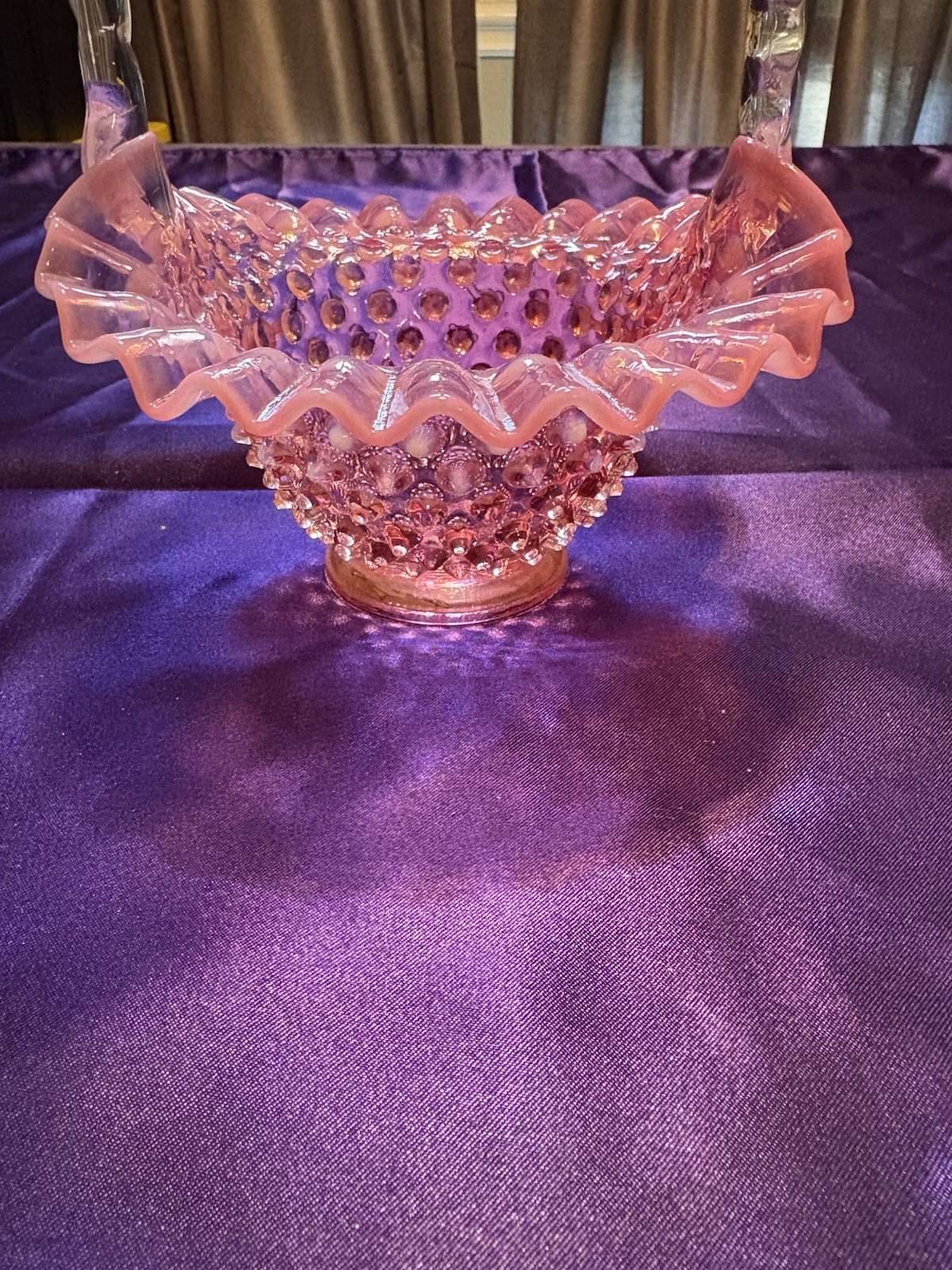 Vintage Fenton Cranberry Opalescent Hobnail Basket Ruffled Crimped Edge Handle