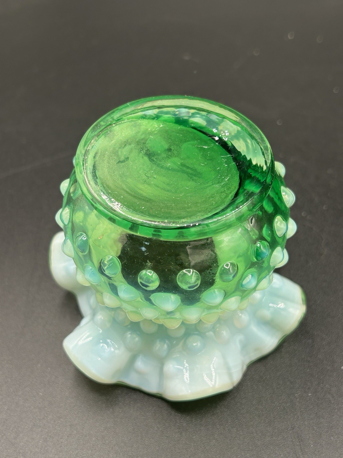 Vintage Beauty Fenton Green Opalescent Hobnail Ruffled Double Crimped Vase