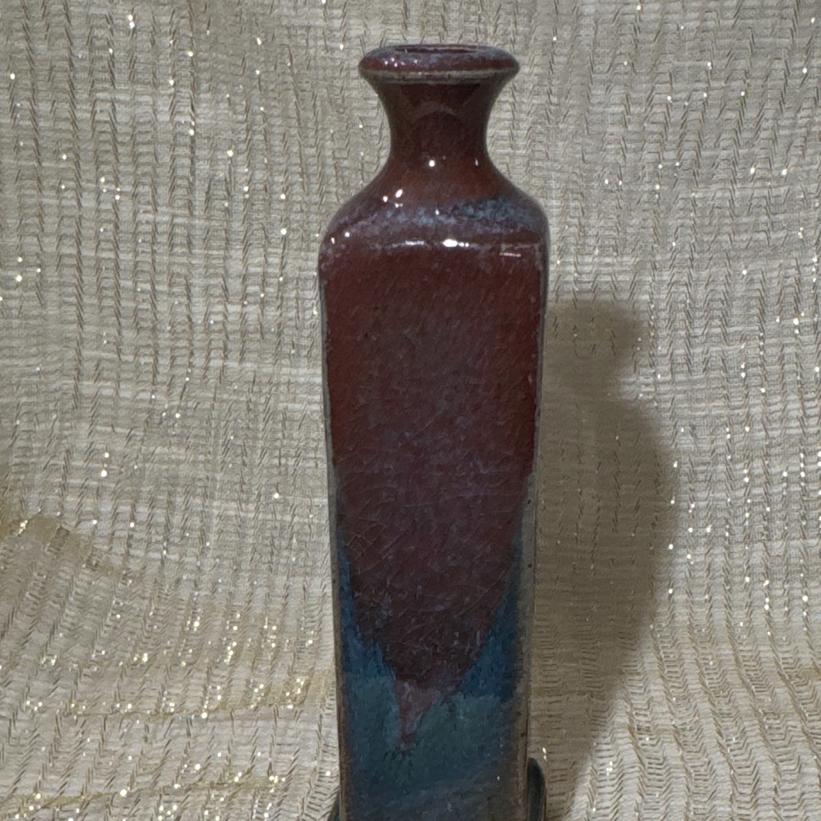 Signed Ceramic Vase Brown & Blue Crackle Glaze Square Base 1.5”d x 6” h x 1.5 w.