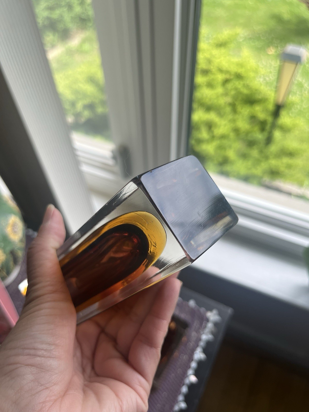 Vintage Murano Faceted Brown & Amber Sommerso Glass Block Vase & candle holder