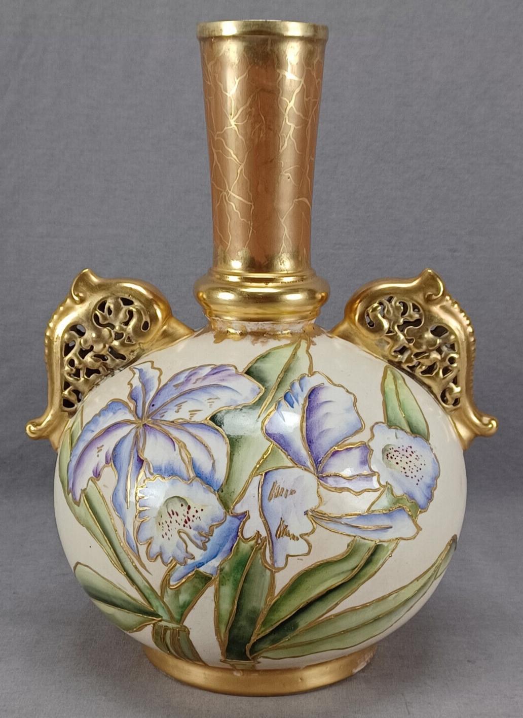 Faience Manufacturing Co Brooklyn NY Hand Painted Orchids Ivory & Gold Vase