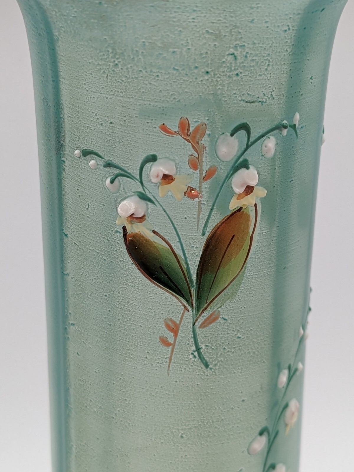 (2) Bohemia Satin Glass Enameled Hand Painted Lily of the Valley Vases 14″