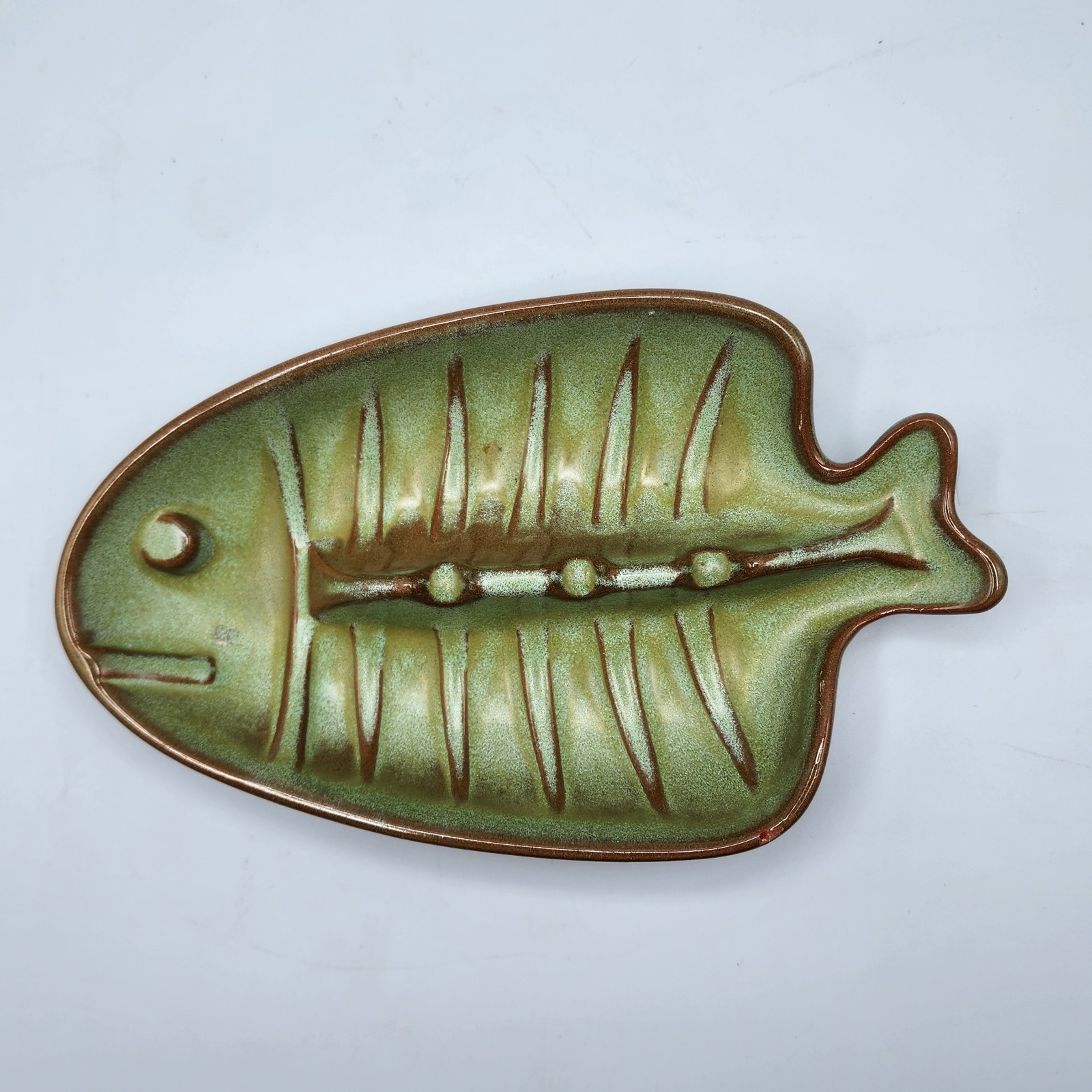 Mid-Century Frankoma T8 Fish Green Brown Pottery Ashtray 7 Inches Small Chip