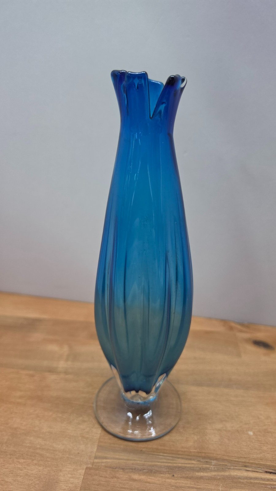Vintage Lefton Blue Art Glass Swung 6.75″ Tall Vase Clear Base
