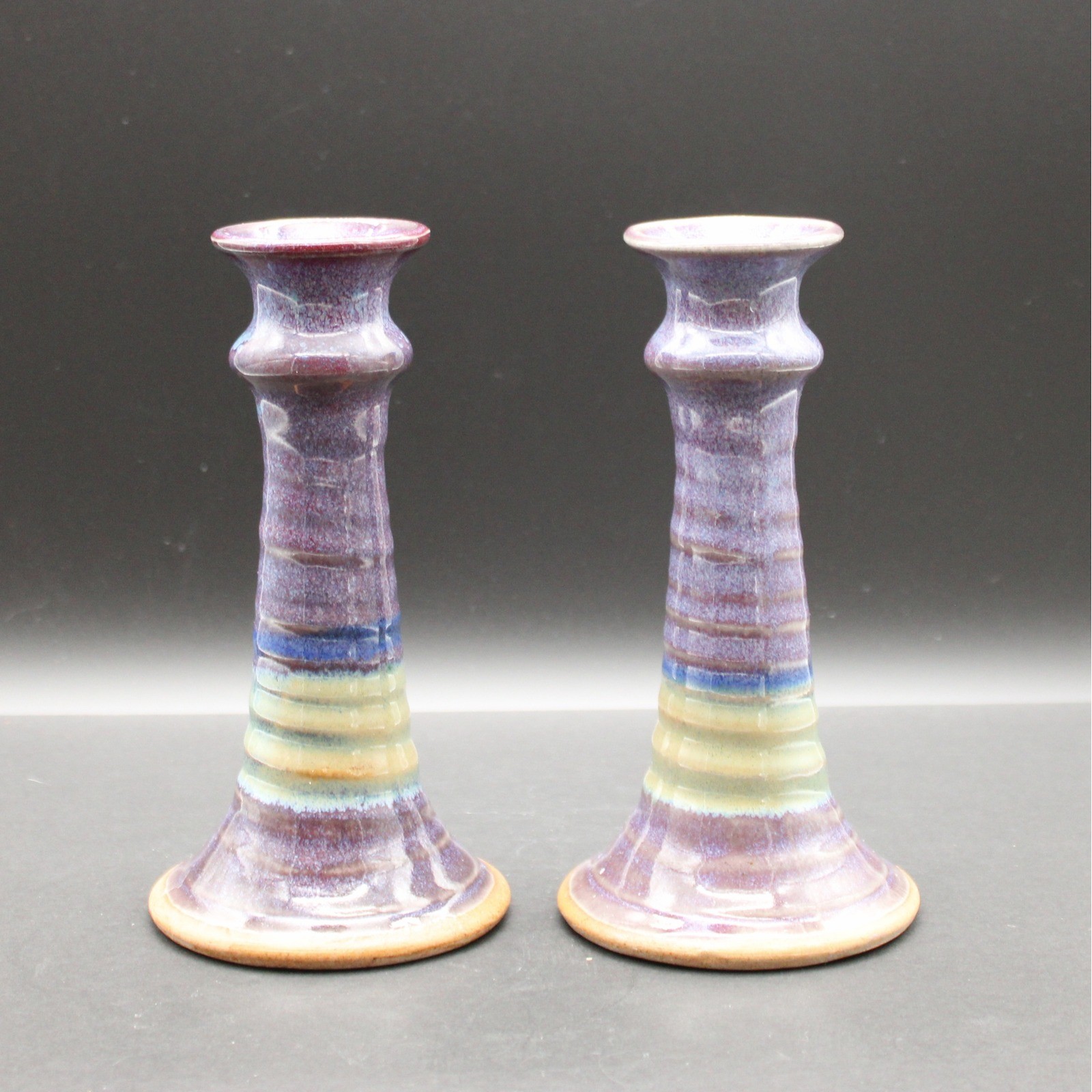 Pair of Vintage Purple Pottery Candle Holders Handmade Ceramic Taper Vibe Boho