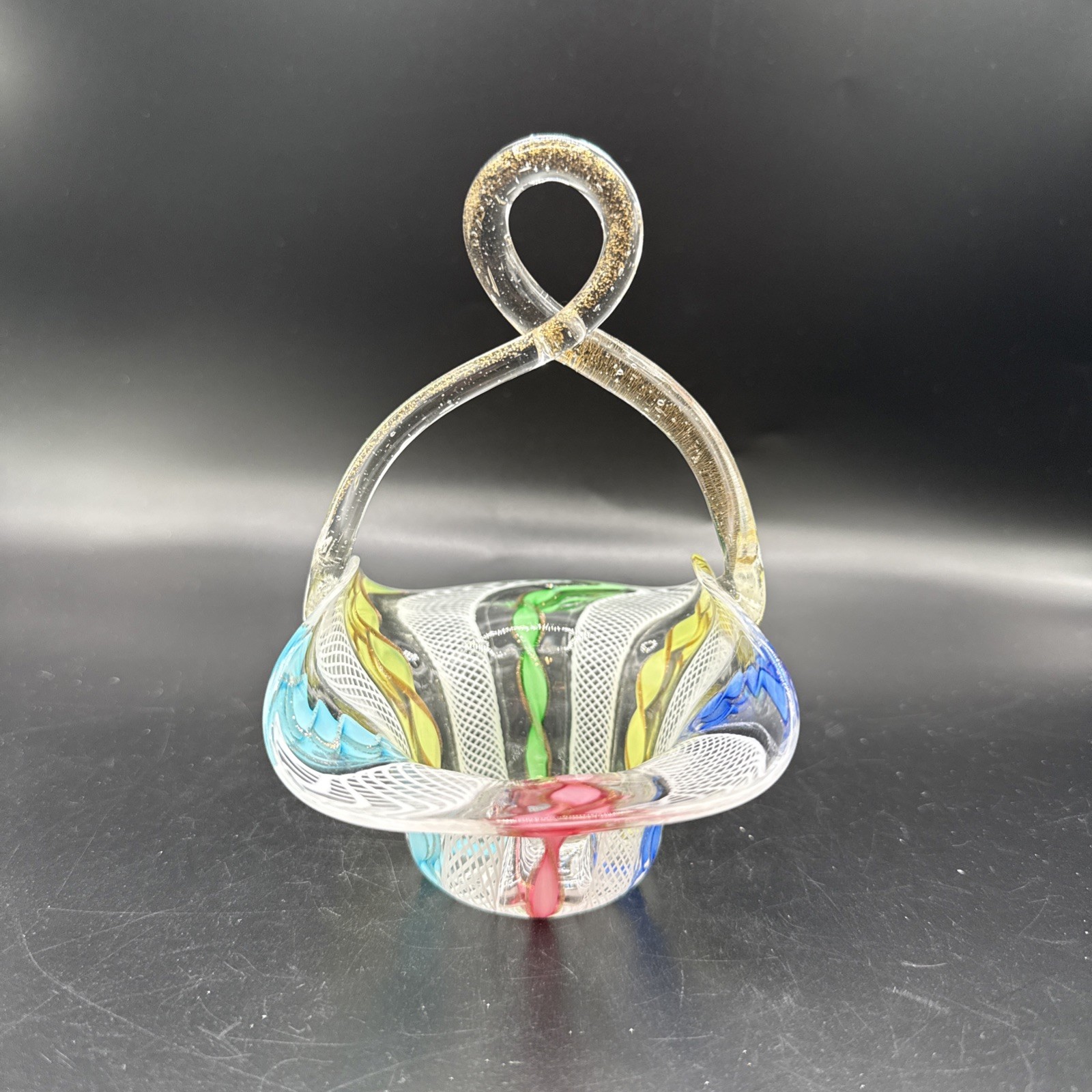 Vintage Venetian Murano Italian Art Glass Latticino Multicolored Basket