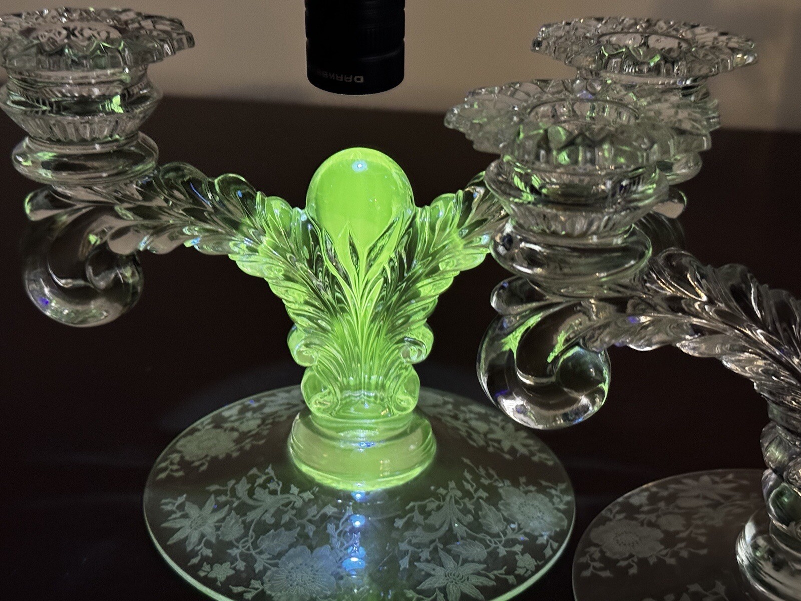 Cambridge Glass Rose Point Martha Candlesticks UV Reactive Glowing Candle Holder