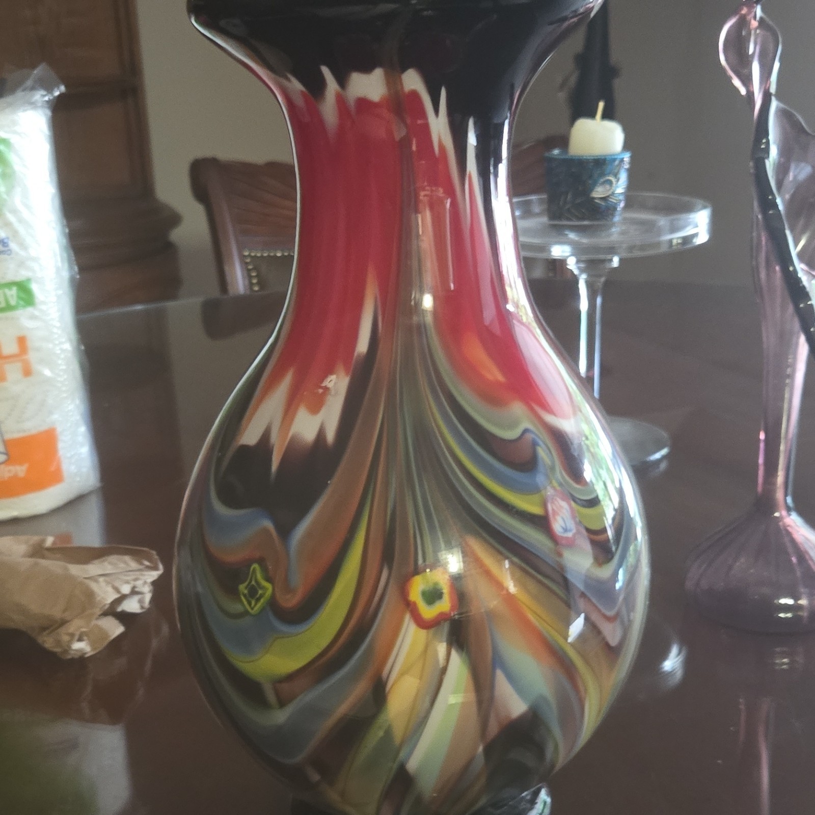 Multicolor Swirl Art Glass Vase – Decorative Abstract Colorful Design