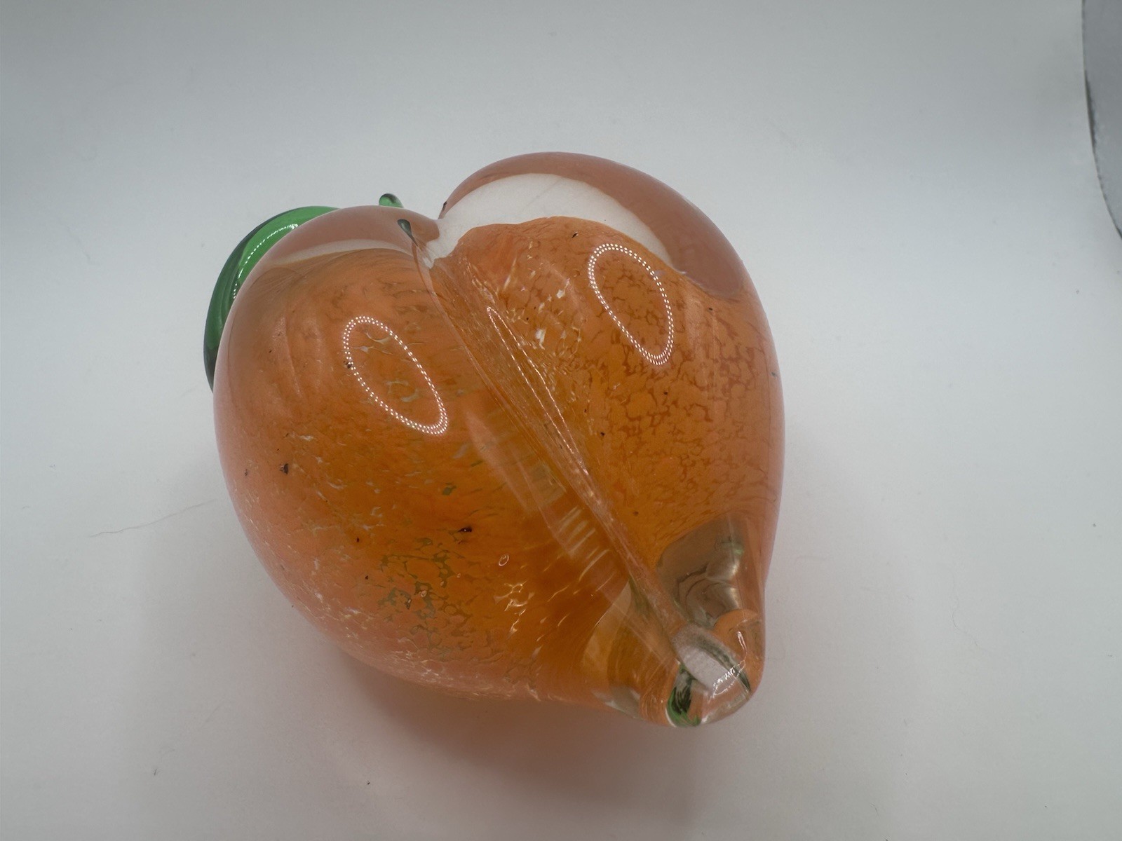 🍑 Murano Style Art Glass Peach Paperweight Hand Blown Fruit w/ Green Leaf