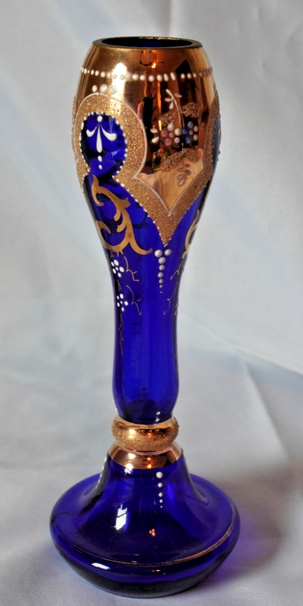 Vintage Bohemian Cobalt Blue Glass Vase Gold Gilt Enamel 6.75”