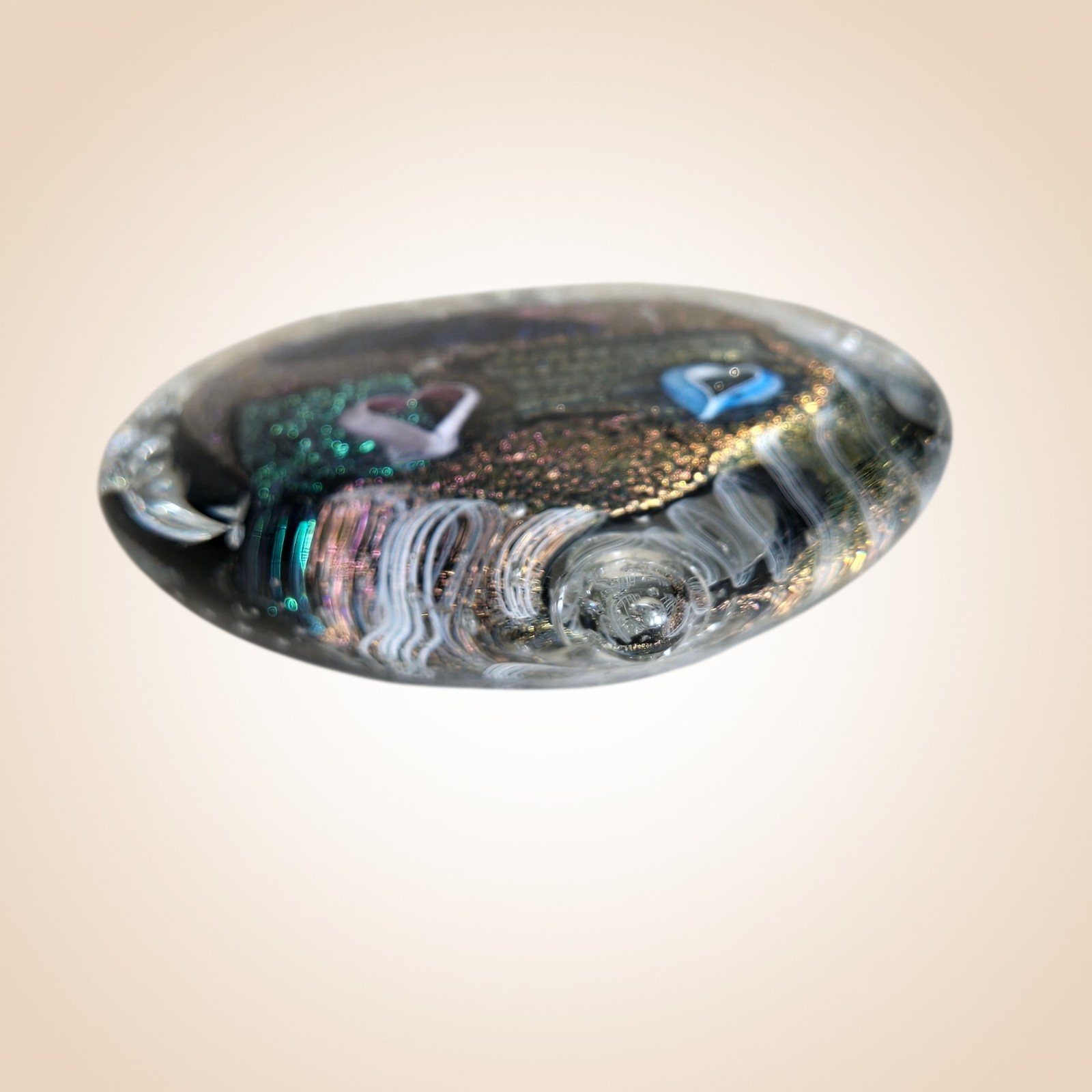 Randy Strong Paperweight Dichroic Metal Flake Puff Heart Art Glass 3.25″