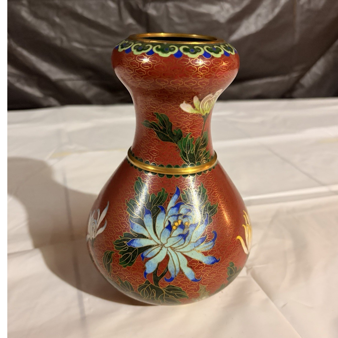 Cloisonné Floral Decorative Metal Enamel Vase, Red Blue, 7 in Glossy Finish
