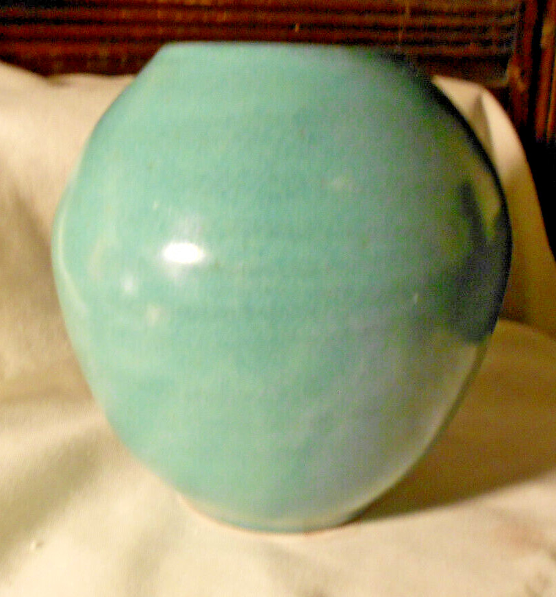 Signed Robin Egg Blue Stoneware Pottery Round Vase 5 in Tall