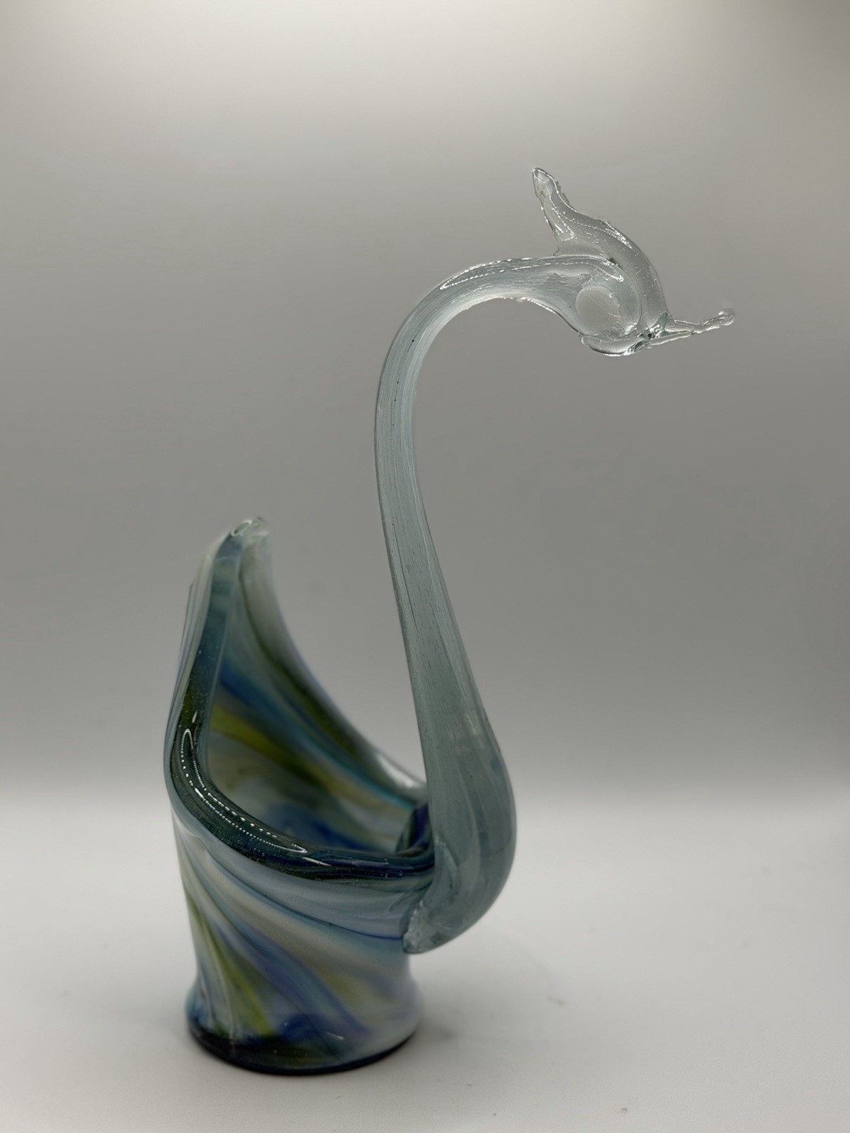 Vintage Hand Blown Art Glass Swan Vase Murano Style Blue Green Slag Swirl 10.5”