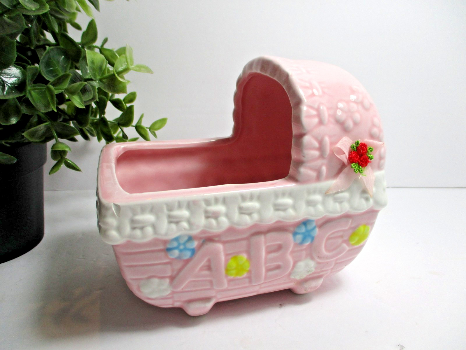 Ceramic Cradle Planter –Pink, ABC Motif ribbon Bow & Roses Vintage